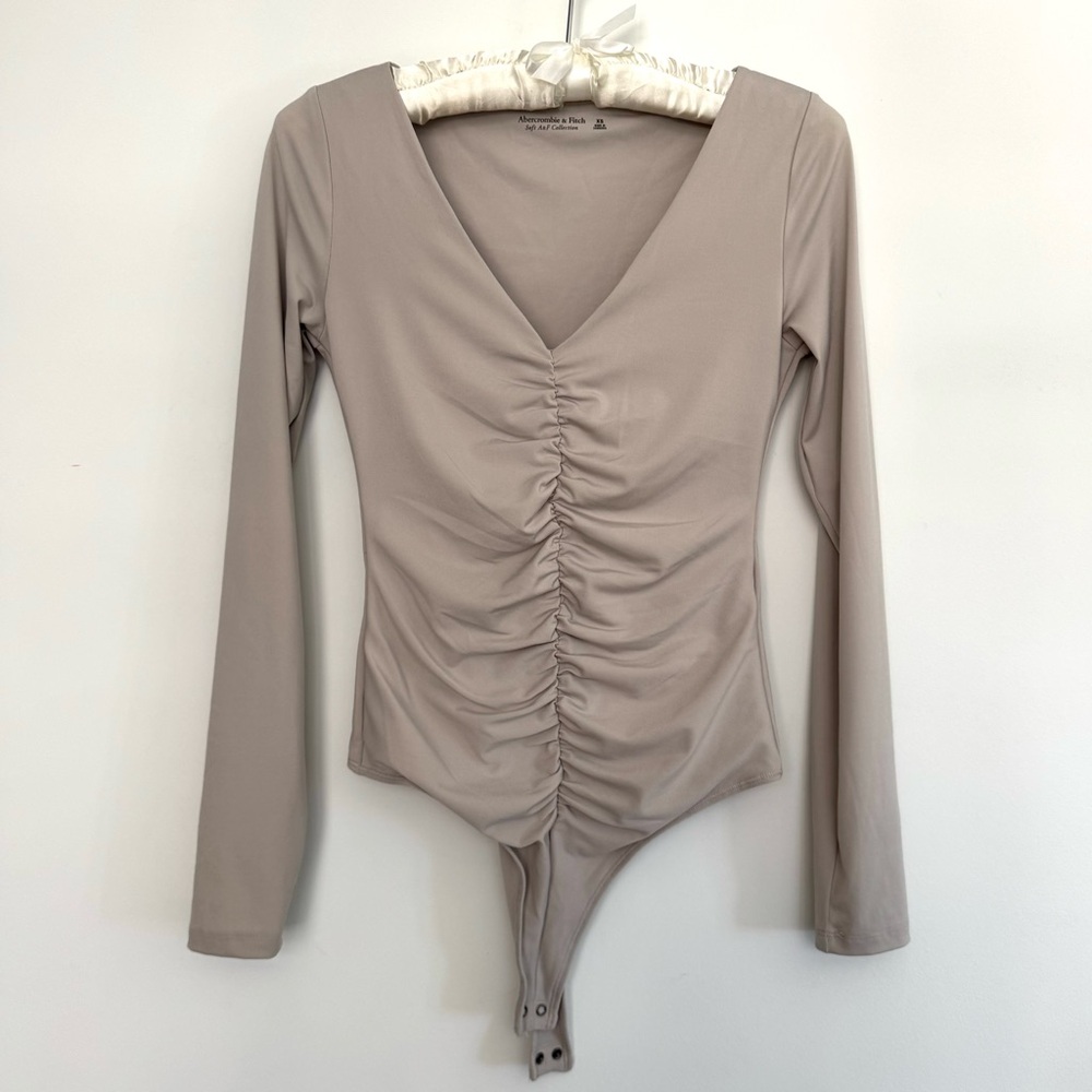 Ruched Long Sleeve Bodysuit - Beige